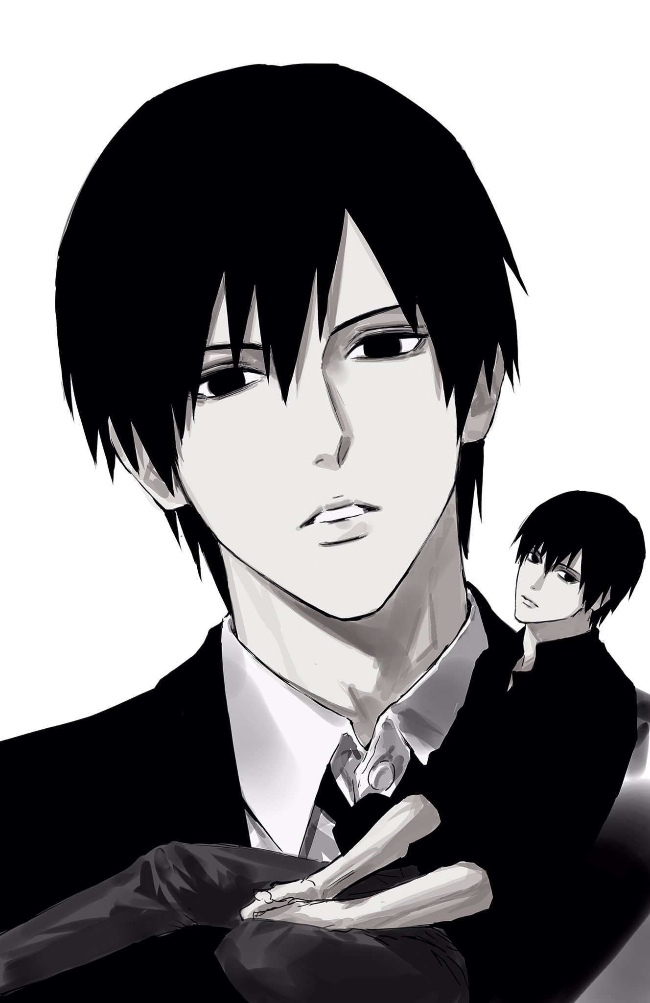 sso s, sai (naruto), naruto (series), naruto shippuuden, highres, 1boy, black eyes, black hair, black necktie, black suit, closed mouth, collared shirt, formal clothes, looking at viewer, male focus, multiple views, necktie, pale skin, shirt, short hair, simple background, suit, white background, white shirt