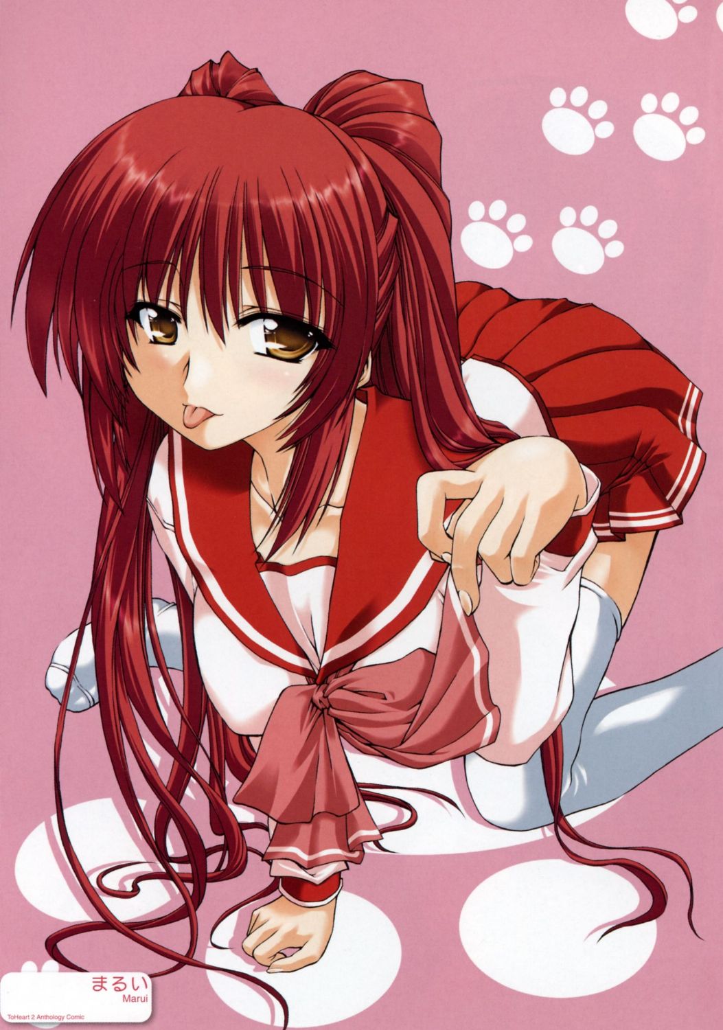 kousaka tamaki, to heart (series), to heart 2, highres, 00s, :p, brown eyes, kneeling, long hair, pleated skirt, red hair, school uniform, serafuku, skirt, solo, thighhighs, tongue, tongue out