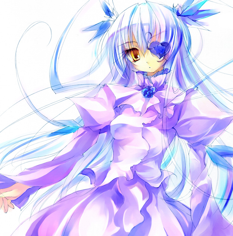 barasuishou, rozen maiden, 00s, 1girl, dress, eyepatch, female focus, heart, long hair, simple background, solo, two side up, white background, white dress, white hair, white theme, yellow eyes