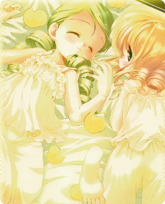hinaichigo, kanaria, rozen maiden, 00s, 2girls, barefoot, bed sheet, blonde hair, bloomers, chemise, closed eyes, doll joints, drill hair, green hair, joints, long hair, looking back, lying, multiple girls, sleeping, soles, underwear