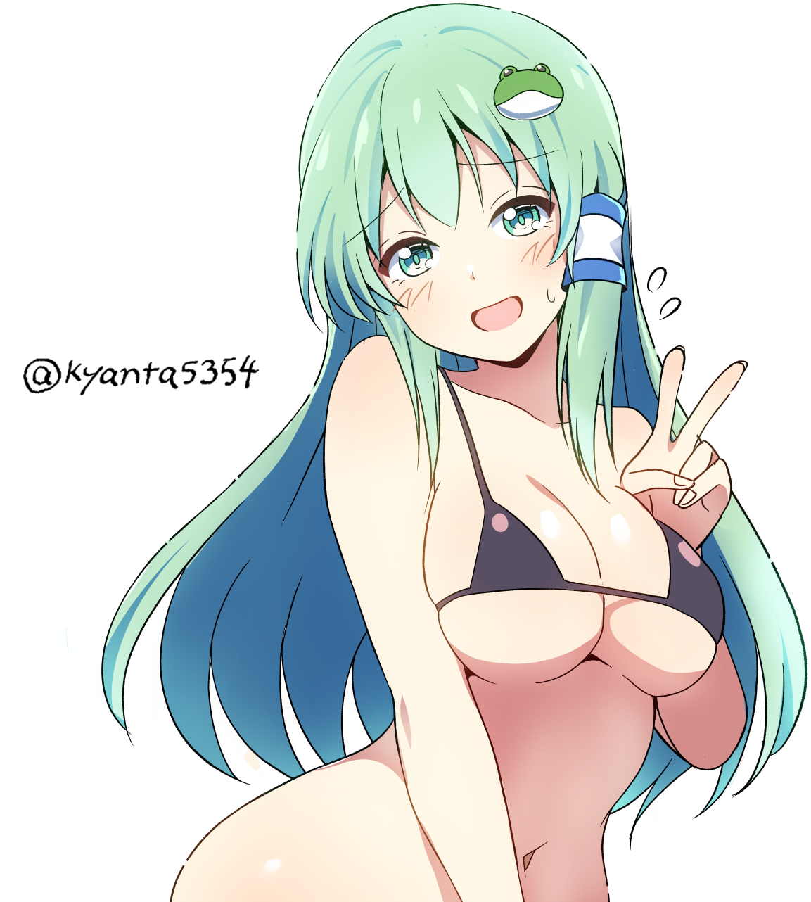 kyanta5354, kochiya sanae, touhou, commentary request, highres, 1girl, bikini, black bikini, blush, breasts, cleavage, flying sweatdrops, frog hair ornament, green eyes, green hair, hair ornament, hair tubes, large breasts, long hair, looking at viewer, navel, open mouth, simple background, solo, sweat, swimsuit, twitter username, upper body, white background