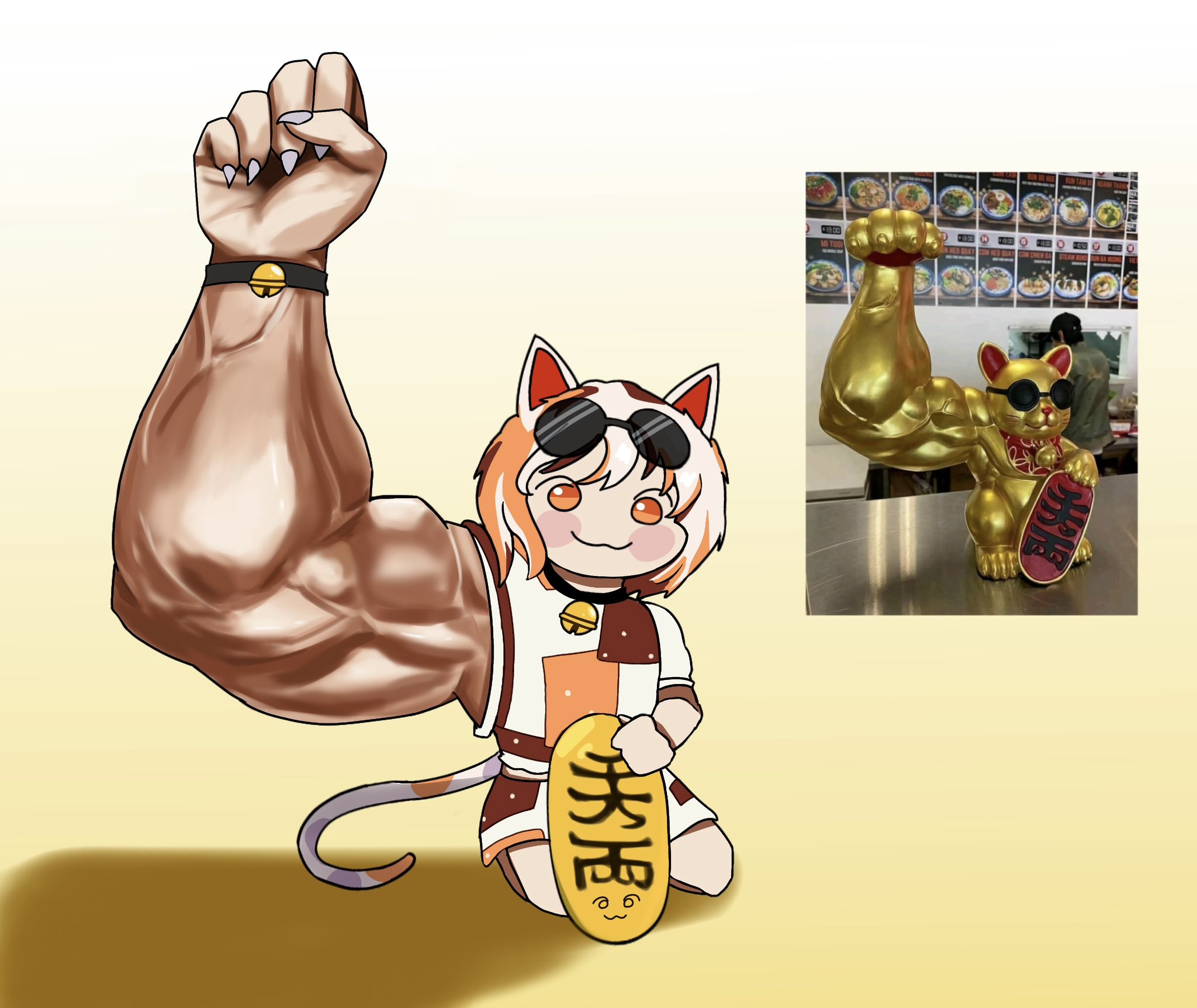 nogguies, goutokuji mike, touhou, commentary, highres, photo-referenced, symbol-only commentary, 1girl, animal ears, bell, blush, calico (pattern), cat ears, cat girl, cat tail, closed mouth, eyewear on head, full body, gradient background, maneki-neko, muscular, neck bell, reference inset, sitting, solo, sunglasses, tail, white hair, yellow background