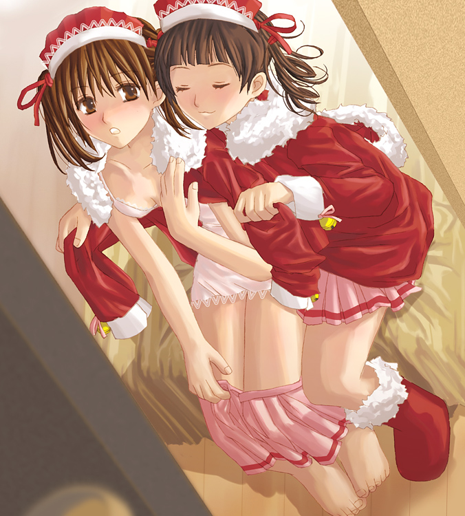 chartreux, fukuzawa yumi, matsudaira touko, maria-sama ga miteru, santa boots, 00s, 2girls, bed, blush, boots, brown eyes, brown hair, christmas, closed eyes, headdress, multiple girls, pleated skirt, santa costume, sitting, skirt, twintails, underwear, undressing, yuri