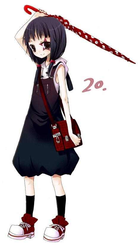 namori, original, plaid, 1girl, bag, black hair, brown eyes, closed umbrella, dress, female focus, full body, handbag, kneehighs, overalls, pinafore dress, shoes, simple background, sleeveless, sleeveless dress, smile, sneakers, socks, solo, star (symbol), star tattoo, tattoo, twintails, umbrella, zipper