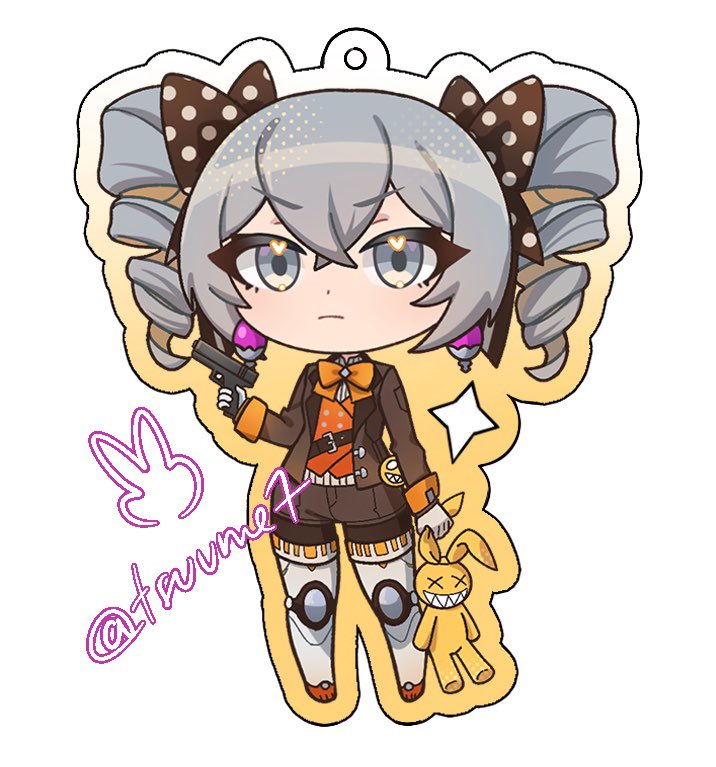 tsuume, bronya zaychik, homu (honkai impact), honkai (series), honkai impact 3rd, commentary, 1girl, bow, brown bow, brown jacket, brown shorts, chibi, closed mouth, drill hair, full body, grey eyes, grey hair, gun, hair between eyes, hair bow, handgun, heart, heart in eye, holding, holding gun, holding stuffed toy, holding weapon, jacket, looking at viewer, open clothes, open jacket, orange vest, polka dot, polka dot bow, sharp teeth, shirt, short shorts, shorts, simple background, solo, standing, stuffed toy, symbol in eye, teeth, twin drills, twintails, twitter username, v-shaped eyebrows, vest, weapon, white background, white shirt, x x