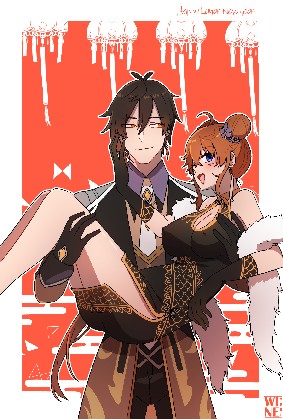 winechii, tartaglia (genshin impact), zhongli (genshin impact), genshin impact, highres, 1boy, 1girl, ahoge, black dress, black gloves, black hair, blue eyes, border, breasts, carrying, chinese new year, cleavage, covered erect nipples, double bun, dress, earrings, genderswap, genderswap (mtf), gloves, hair bun, jewelry, open mouth, orange hair, princess carry, sidelocks, white border