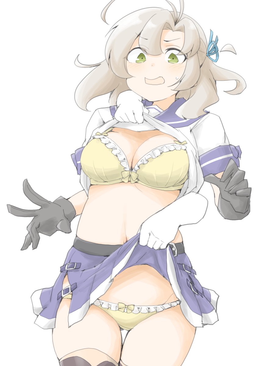 akara kai, kinugasa (kancolle), kinugasa kai ni (kancolle), kantai collection, forced exposure, highres, 1girl, antenna hair, bra, breasts, clothes lift, cowboy shot, disembodied hand, embarrassed, gluteal fold, green eyes, grey hair, long hair, medium breasts, necktie, one-hour drawing challenge, one side up, open mouth, panties, sailor collar, school uniform, serafuku, skirt, skirt lift, thighhighs, underwear, white background, yellow bra, yellow necktie, yellow panties