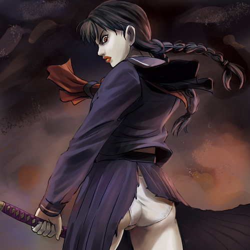 haruyama kazunori, otonashi saya, saya (blood the last vampire), blood the last vampire, lowres, 00s, ass, back, blood, braid, brown hair, from behind, lips, long hair, looking back, panties, pleated skirt, red eyes, school uniform, serafuku, skirt, solo, standing, sword, torn clothes, trefoil, twin braids, underwear, vampire, weapon, white panties