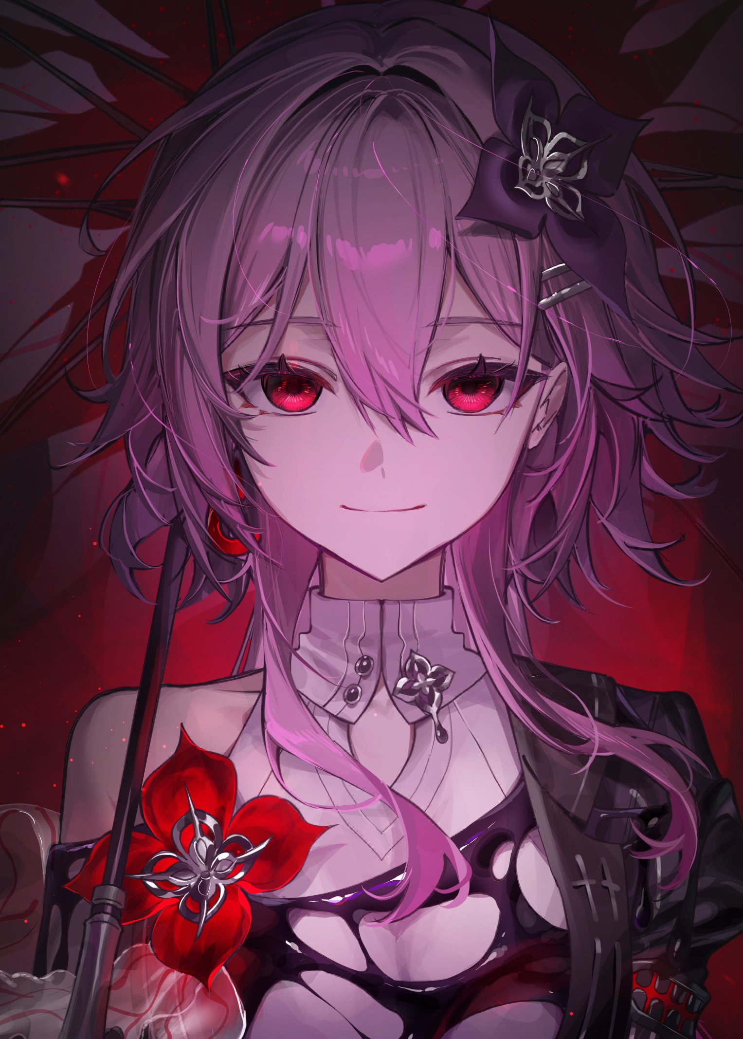 kkopoli, evernight (honkai: star rail), march 7th (honkai: star rail), honkai: star rail, honkai (series), commentary, highres, symbol-only commentary, 1girl, black dress, black flower, black gloves, breasts, dress, flower, gloves, hair between eyes, hair flower, hair intakes, hair ornament, hairclip, holding, holding umbrella, jewelry, layered dress, long hair, long sleeves, looking at viewer, low twintails, multiple rings, parallel hairclips, pink hair, red eyes, ring, single bare shoulder, smile, solo, twintails, umbrella, upper body, white dress, white wrist cuffs, wrist cuffs