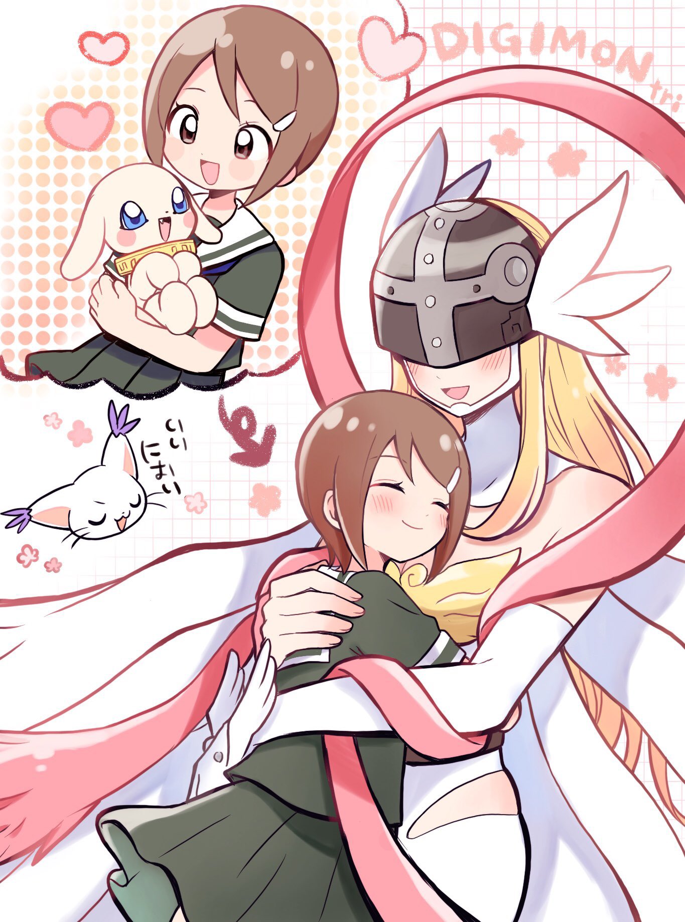 waka 88000, angewomon, plotmon, tailmon, yagami hikari, digimon, digimon adventure tri., highres, 2girls, bare shoulders, blonde hair, boobplate, breastplate, breasts, brown eyes, brown hair, closed eyes, covered eyes, dog, green shirt, green skirt, helmet, helmet over eyes, hug, multiple girls, shirt, skirt, upper body