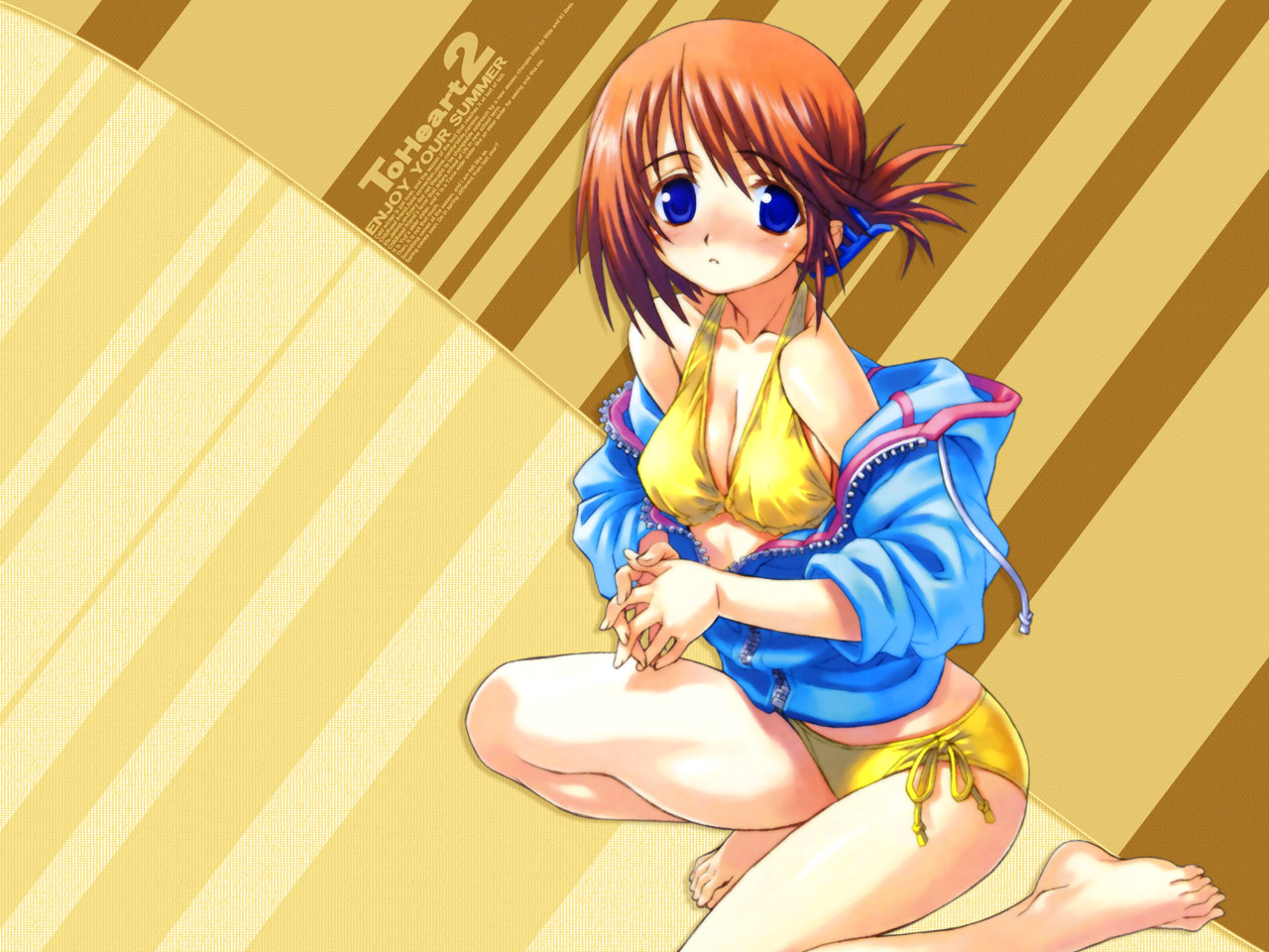 komaki manaka, to heart (series), to heart 2, 00s, 1girl, bikini, blue eyes, brown hair, copyright name, female focus, folded ponytail, hood, hooded jacket, jacket, off shoulder, on one knee, orange hair, solo, swimsuit, yellow bikini