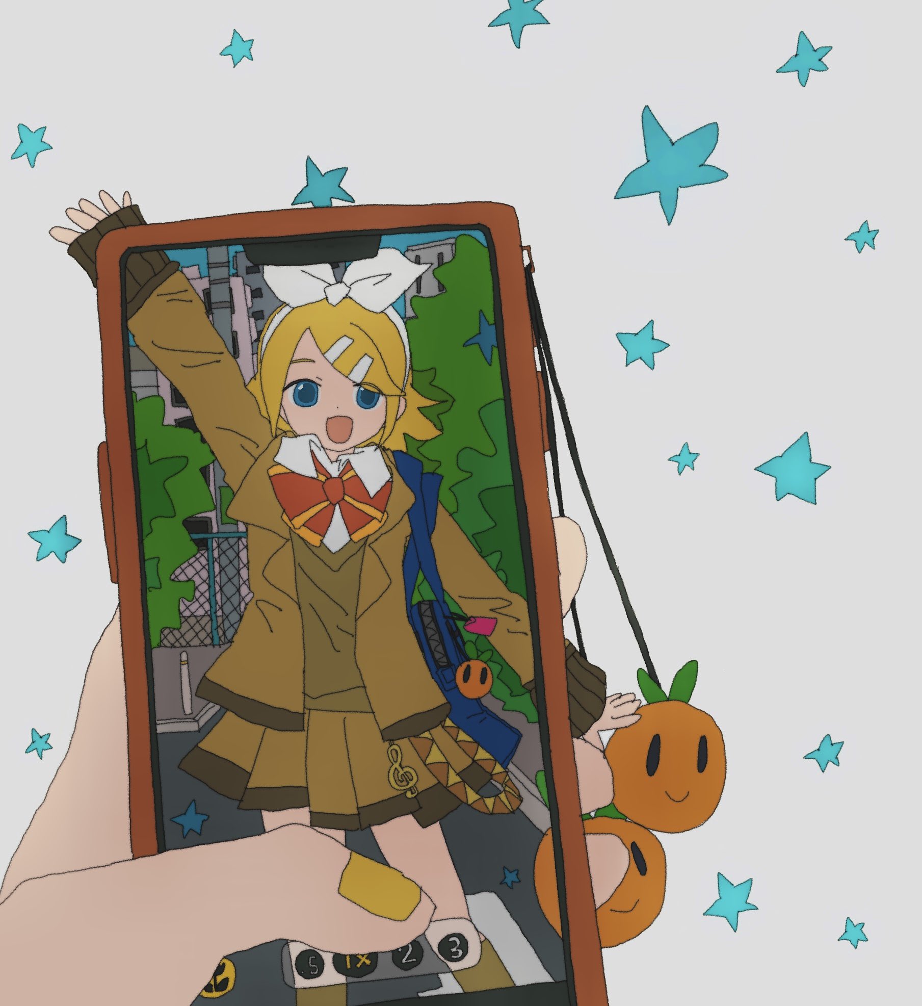 kousou (vanilla rkgk), kagamine rin, vocaloid, highres, blue eyes, bow, hair ornament, hairclip, open mouth, phone, pov, pov hands, school uniform, skirt, yellow nails