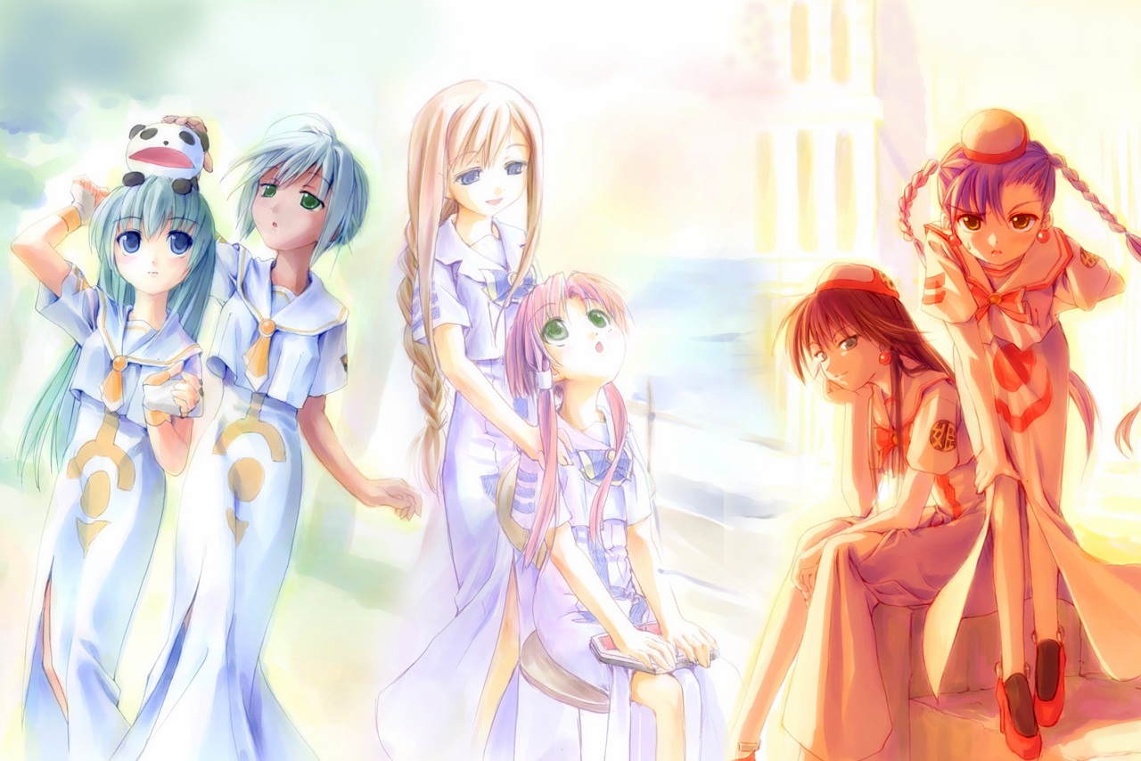 takoyaki (roast), aika granzchesta, akira ferrari, alice carroll, alicia florence, athena glory, mizunashi akari, president maa, aria (manga), 00s, 6+girls, ahoge, arm behind back, blonde hair, blouse, blue eyes, blue hair, bow, braid, brown hair, cat, dark-skinned female, dark skin, dress, dutch angle, earrings, everyone, expressionless, eye contact, floating hair, gloves, green eyes, green hair, hat, head rest, headpat, height difference, hug, hug from behind, jewelry, leaning forward, legs, long hair, looking at another, looking at viewer, looking back, looking up, multiple girls, on head, pink hair, railing, ribbon, sailor collar, shirt, shoes, short hair, short sleeves, side slit, sidelocks, single braid, sitting, smile, standing, sunset, sweatdrop, twin braids, twintails, very long hair, water, white shirt