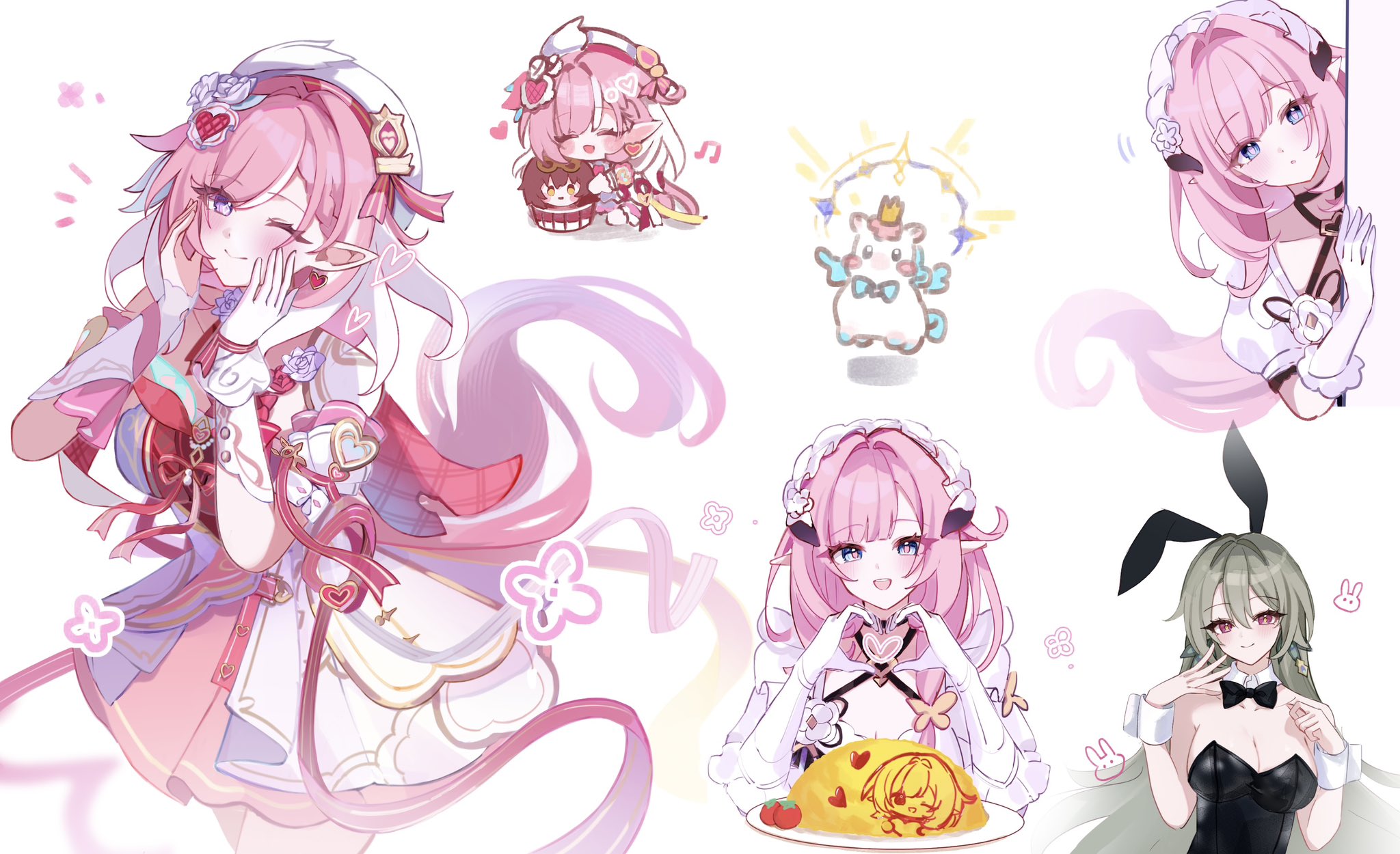 tdatnst, eden (honkai impact), elysia (honkai impact), elysia (miss pink) (honkai impact), elysia (miss pink elf) (honkai impact), little ica (honkai: star rail), vita (honkai impact), honkai: star rail, honkai (series), honkai impact 3rd, commentary request, highres, 2girls, alternate costume, animal ears, black bow, black bowtie, black leotard, blue eyes, blush, bow, bowtie, breasts, chibi, chibi inset, cleavage, closed mouth, collar, cupcake, detached collar, diamond-shaped pupils, diamond (shape), dress, earrings, elf, enmaided, fake animal ears, food, gloves, grey hair, hair between eyes, hair ornament, hands on own face, hands up, hat, heart, heart earrings, heart hands, in-franchise crossover, jewelry, leotard, long hair, looking at viewer, maid, maid headdress, medium breasts, merge, multicolored hair, multiple girls, multiple views, musical note, official alternate costume, omelet, omurice, open mouth, pink hair, pink pupils, playboy bunny, pointy ears, purple eyes, red eyes, sidelocks, simple background, smile, strapless, strapless leotard, symbol-shaped pupils, two-tone hair, upper body, very long hair, white background, white collar, white dress, white gloves, white hair, white hat, white wrist cuffs, wrist cuffs