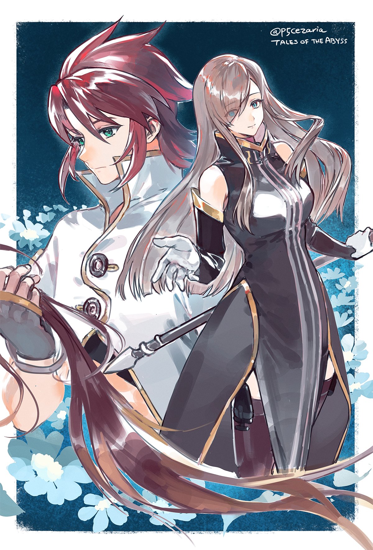 cezaria, luke fon fabre, tear grants, tales of (series), tales of the abyss, commentary request, highres, 1boy, 1girl, bare shoulders, blue eyes, breasts, brown dress, brown gloves, brown hair, closed mouth, cutting hair, detached sleeves, dress, eyes visible through hair, feet out of frame, field, fingerless gloves, flower, flower field, gloves, green eyes, hair over one eye, holding, holding own hair, holding staff, jacket, large breasts, long hair, red hair, sleeveless, sleeveless dress, staff, thighhighs, twitter username, upper body, white flower, white gloves, white jacket