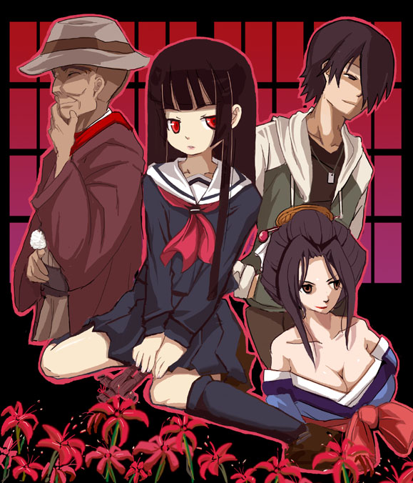sasago kaze, enma ai, hone onna, ichimoku ren, wanyuudo, jigoku shoujo, 00s, 2boys, 2girls, bare shoulders, black hair, black serafuku, black shirt, black socks, blunt bangs, breasts, brown eyes, collarbone, everyone, flower, full body, hair ornament, hair over one eye, hairpin, hat, hime cut, jewelry, kneehighs, large breasts, long sleeves, multiple boys, multiple girls, necklace, pleated skirt, red eyes, school uniform, serafuku, shirt, shoes, sitting, skirt, socks, upper body, v arms, wariza