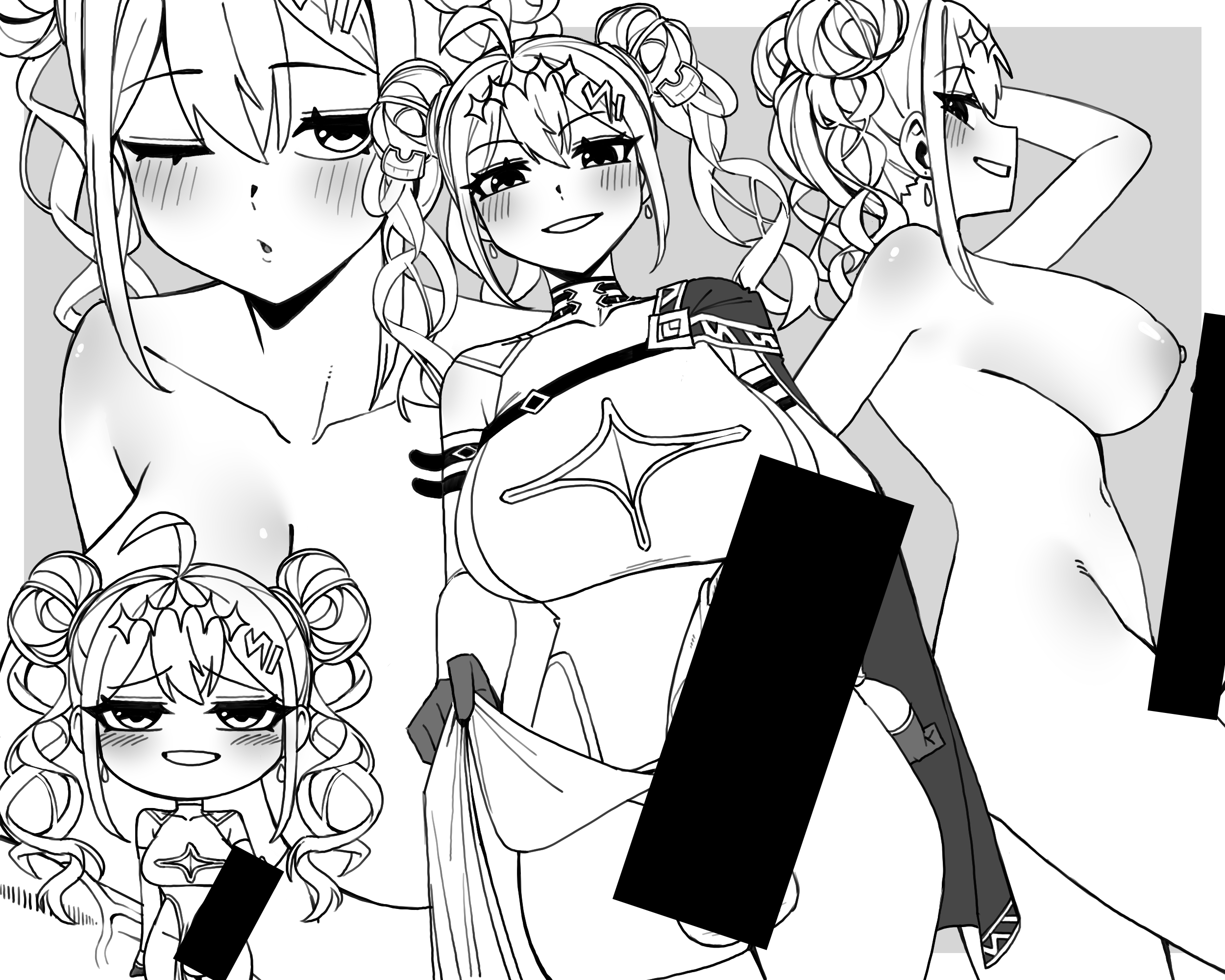 7a (se7ena), character request, commentary, commission, copyright request, english commentary, highres, mixed-language commentary, 1girl, ahoge, arm up, bar censor, blush, border, breasts, censored, chibi, chibi inset, cleavage, cleavage cutout, clothes lift, clothing cutout, collarbone, double-parted bangs, double bun, dress, earrings, erection, floating earrings, futanari, grey background, greyscale, hair bun, hair ornament, jewelry, large breasts, long hair, looking at viewer, monochrome, multiple views, nipples, nude, one eye closed, outside border, parted lips, pelvic curtain, pelvic curtain lift, penis, simple background, smile, teardrop earrings, testicles, white border