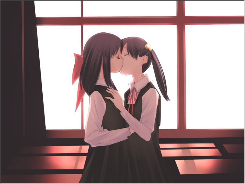kusanagi koyori, kawase yuki, tomohara haruna, original, shojokyu, 2girls, bow, classroom, closed eyes, desk, female focus, hair bobbles, hair ornament, hair ribbon, hand on another's chest, indoors, kiss, multiple girls, neck ribbon, ribbon, school, school desk, school uniform, serafuku, short hair, window, yuri