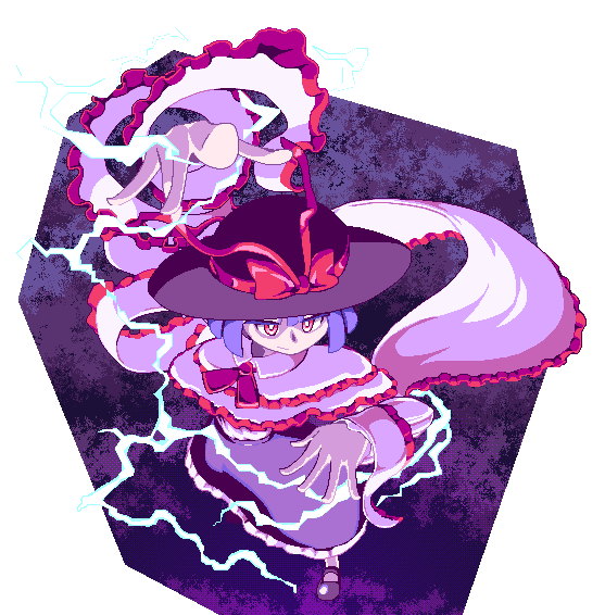 yado taityou, nagae iku, touhou, commentary request, 1girl, black hat, black shoes, black skirt, bright pupils, closed mouth, electricity, foreshortening, frilled shawl, frilled skirt, frills, from above, full body, hat, hat ribbon, purple background, purple hair, red eyes, red ribbon, ribbon, shawl, shoes, short hair, skirt, solo, white pupils