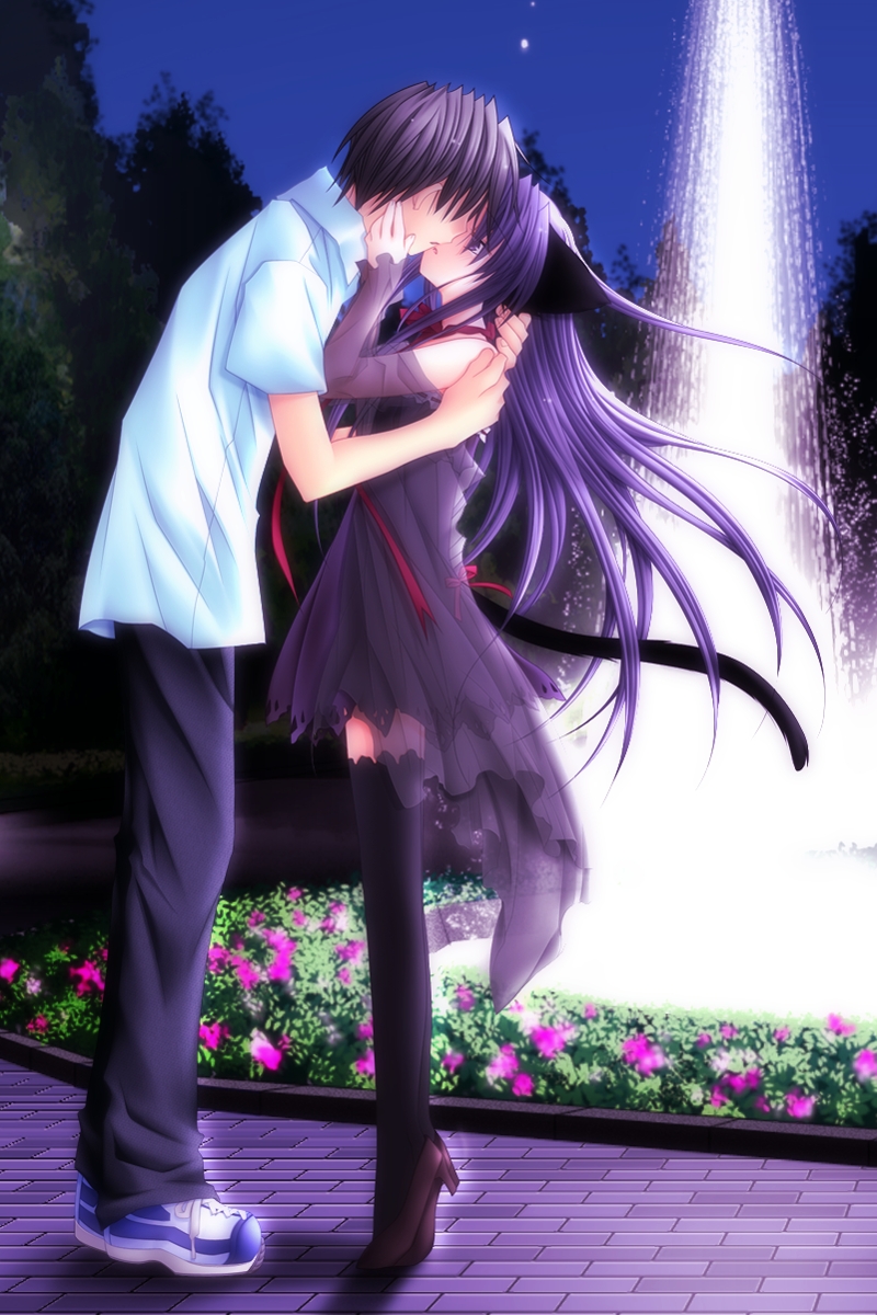 sakurazawa izumi, tobari (pure pure), yuuki jun, pure pure, game cg, highres, 1boy, 1girl, animal ears, black hair, black thighhighs, blue eyes, blue hair, cat ears, cat tail, couple, detached sleeves, dress, eye contact, faceless, faceless male, flower, fountain, goshujinsama, height difference, hetero, high heels, hug, imminent kiss, kiss, long hair, looking at another, night, night sky, open mouth, outdoors, petto, ribbon, see-through clothes, shoes, short dress, short hair, sky, sneakers, standing, tail, thighhighs, tiptoes, very long hair, water