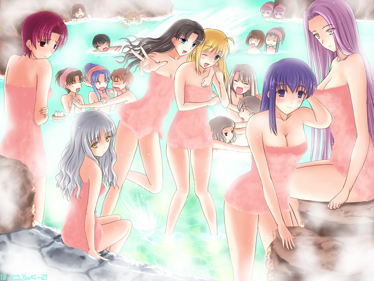 hotincool, artoria pendragon (fate), bazett fraga mcremitz, caren hortensia, euryale (fate), fujimura taiga, illyasviel von einzbern, leysritt (fate), luviagelita edelfelt, matou sakura, medea (caster) (fate), medea (fate), medusa (fate), medusa (rider) (fate), saber (fate), sella (fate), stheno (fate), tohsaka rin, fate/hollow ataraxia, fate/stay night, fate (series), duplicate, 00s, 6+girls, alcohol, blonde hair, everyone, hair down, impossible towel, long legs, multiple girls, naked towel, onsen, sake, siblings, sisters, sitting, square pupils, standing, towel, twins