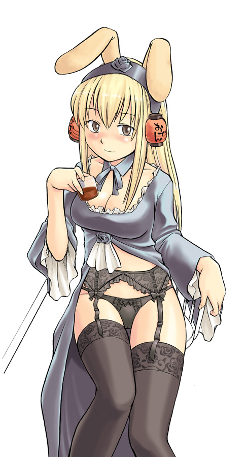daiginjou, futaba channel, 1girl, animal ears, black dress, black panties, black thighhighs, blonde hair, blush, bow, bow panties, bowtie, breasts, brown eyes, cleavage, dress, drunk, female focus, garter belt, glass, lingerie, long hair, medium breasts, open clothes, open dress, panties, rabbit ears, solo, standing, thigh gap, thighhighs, thighs, underwear