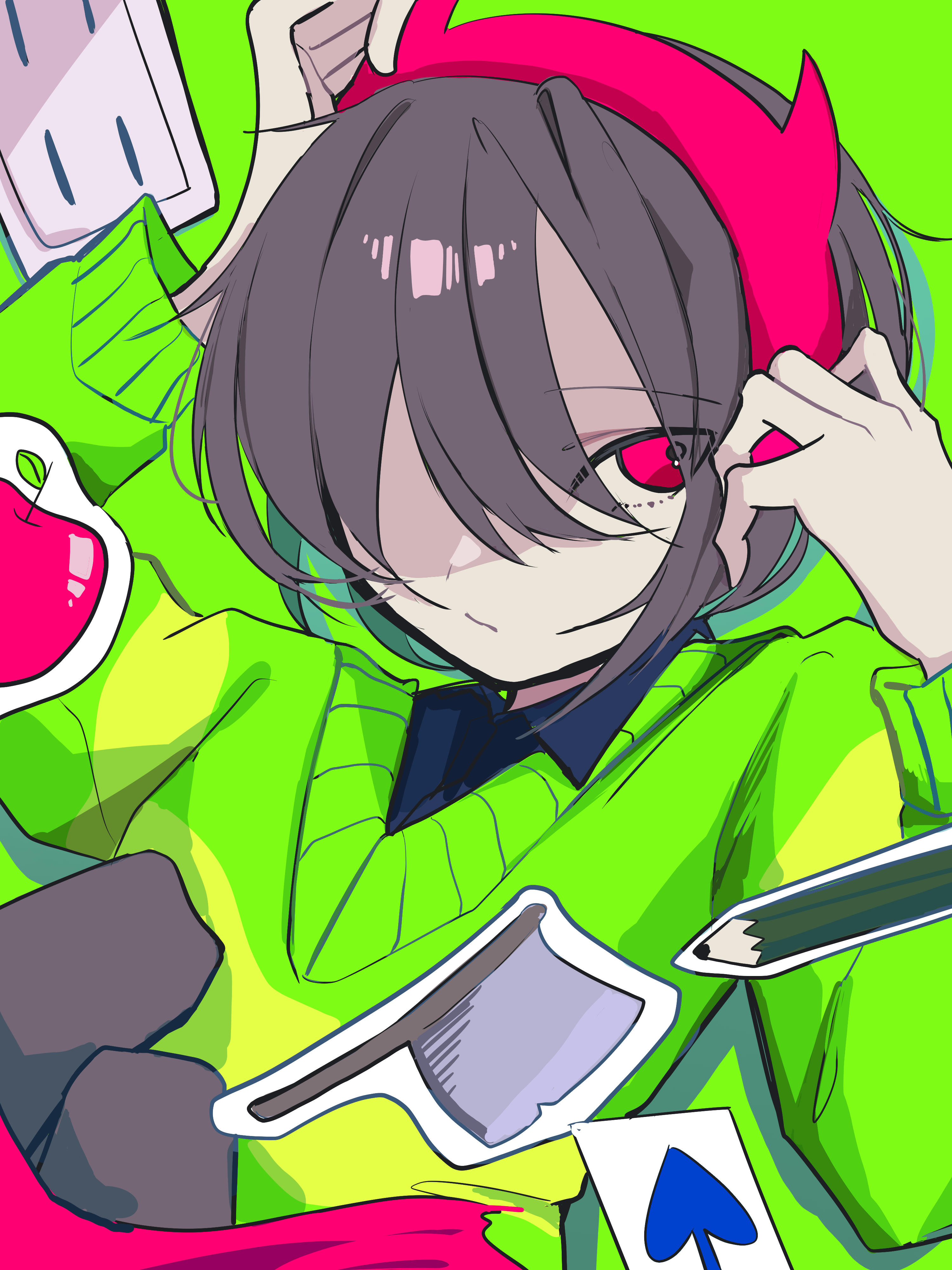 kris (deltarune), deltarune, utdr (toby fox), absurdres, commentary request, highres, 1other, apple, axe, black shirt, brown hair, card, demon horns, fake horns, food, fruit, green background, green sweater, hair over one eye, horn hairband, horns, looking up, other focus, pencil, playing card, raique, red horns, shirt, short hair, spade (shape), sweater