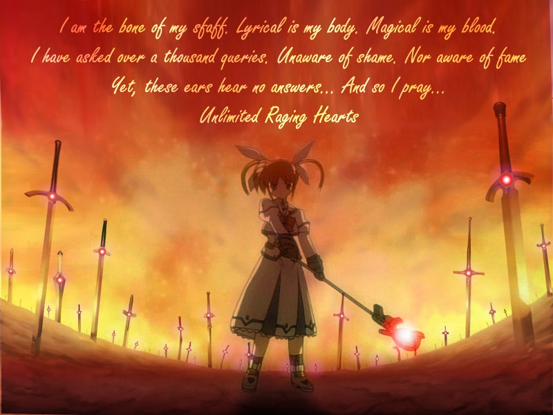 raising heart, raising heart (accel mode), takamachi nanoha, takamachi nanoha (sacred mode), fate/stay night, fate (series), lyrical nanoha, mahou shoujo lyrical nanoha, non-web source, 1girl, bow, crossover, english text, female focus, fingerless gloves, fire, gloves, magazine (weapon), magical girl, parody, red bow, red hair, solo, twintails, unlimited blade works (reality marble), white devil