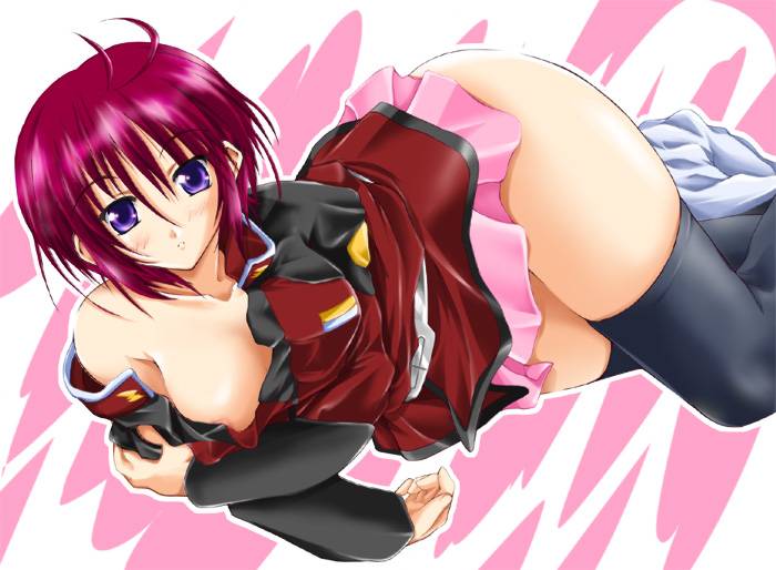 apa-revo, lunamaria hawke, gundam, gundam seed, gundam seed destiny, 00s, 1girl, ahoge, black thighhighs, blush, breasts, female focus, lying, military, military uniform, no bra, off shoulder, on side, purple eyes, red hair, short hair, skirt, solo, thighhighs, undressing