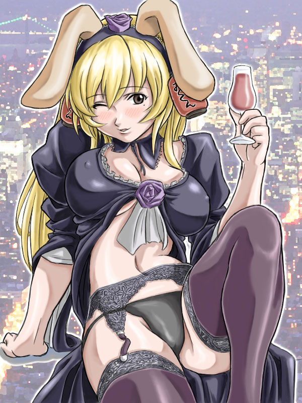 daiginjou, futaba channel, 1girl, alcohol, animal ears, arm support, black dress, black panties, black thighhighs, blonde hair, blush, bow, bowtie, breasts, brown eyes, cleavage, dog ears, dress, female focus, garter belt, hair ornament, lace, large breasts, lingerie, long hair, mole, navel, one eye closed, open clothes, open dress, panties, rabbit ears, sitting, solo, thighhighs, underwear, wine, wink