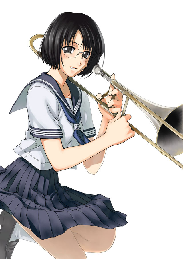 tanaka shoutarou, sekiguchi kaori, original, swing girls, white legwear, 1girl, black eyes, black hair, black shoes, bob cut, female focus, glasses, holding, holding instrument, holding trombone, instrument, pleated skirt, school uniform, serafuku, shoes, short hair, simple background, skirt, smile, solo, trombone, white background