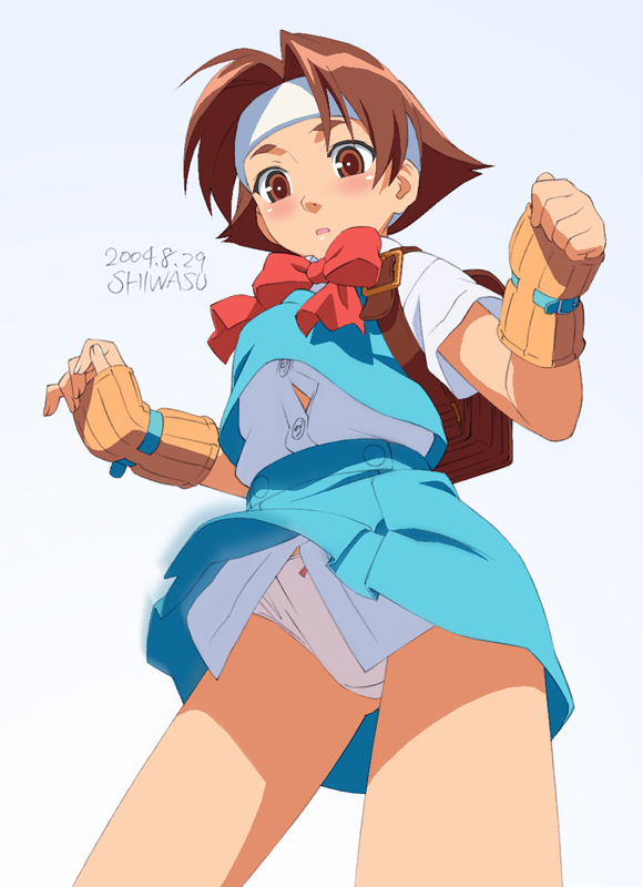 shiwasu takashi, wakaba hinata, capcom, justice gakuen, shiritsu justice gakuen, 00s, 1girl, 2004, artist name, blush, bow, bow panties, bowtie, brown eyes, brown hair, dated, dress, dress shirt, female focus, fingerless gloves, from below, gloves, hairband, headband, panties, pantyshot, pink bow, shirt, solo, standing, underwear, upskirt, white panties, wind, wind lift