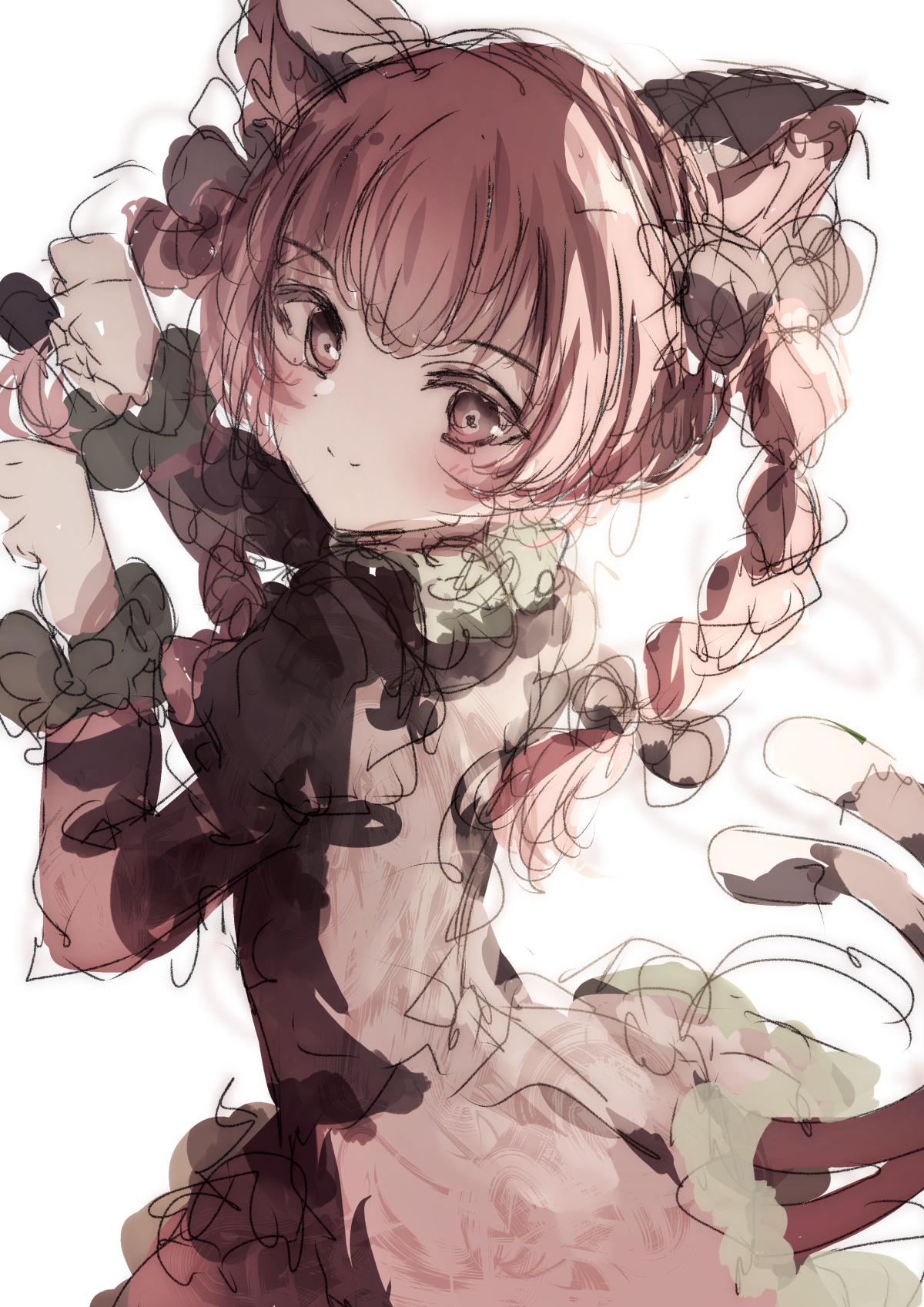 natsume suzuri, kaenbyou rin, touhou, commentary request, highres, 1girl, animal ears, black bow, black dress, bow, braid, cat ears, cat girl, dress, hair bow, juliet sleeves, long hair, long sleeves, paw pose, puffy sleeves, red eyes, side braids, simple background, solo, tail, twin braids, white background