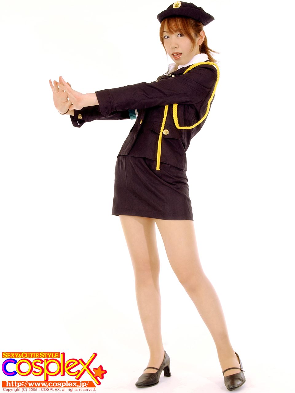 cosplex, cosplay photo, highres, off-topic, photo (medium), cosplay, hat, high heels, jacket, legs, military, military hat, military uniform, open mouth, own hands together, pantyhose, police, see-through clothes, see-through legwear, skirt, solo, white background