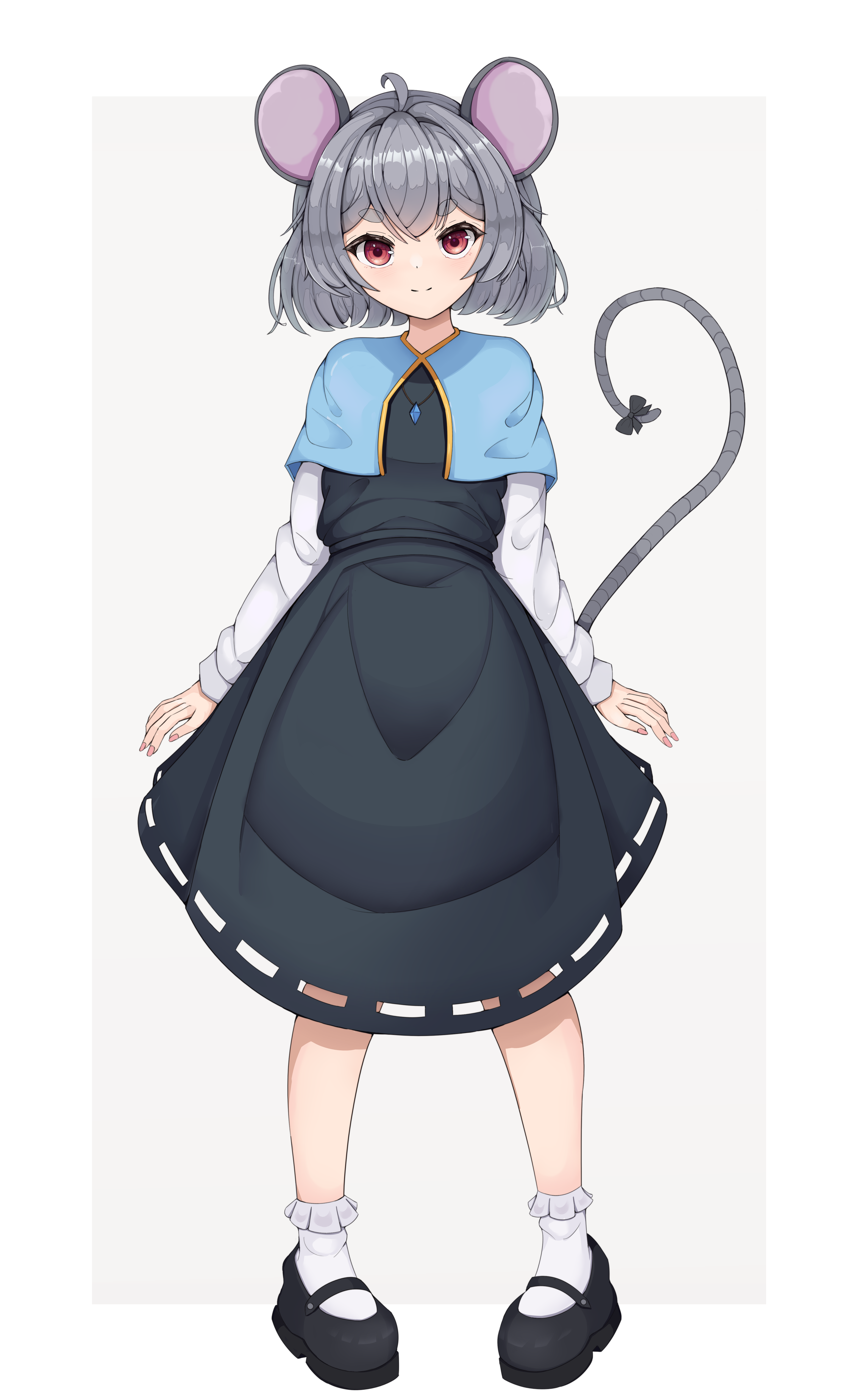 nazrin, touhou, absurdres, commentary, highres, 1girl, agapa, animal ears, black dress, black shoes, blue capelet, capelet, closed mouth, dress, full body, grey hair, jewelry, looking at viewer, mouse ears, mouse girl, mouse tail, pendant, red eyes, shoes, short hair, simple background, smile, socks, solo, standing, tail, white background, white socks
