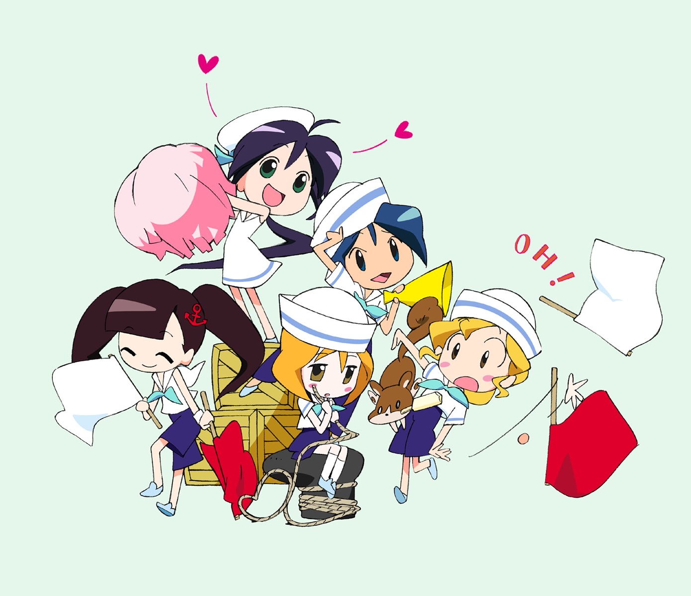 andou mahoro, andou minawa, ooe chizuko, sakura miyuki, todoriki rin, mahoromatic, highres, 5girls, cheerleader, chibi, chibi only, dixie cup hat, dog, green background, hat, heart, military hat, multiple girls, playing, sailor, simple background