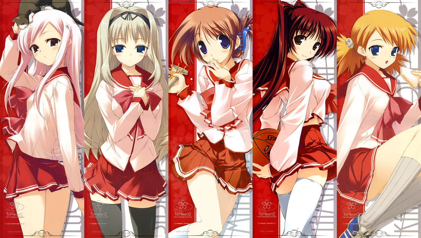 amazuyu tatsuki, kawata hisashi, komaki manaka, kousaka tamaki, kusugawa sasara, lucy maria misora, sasamori karin, to heart (series), to heart 2, blue footwear, grey legwear, ribbed legwear, silver hair, white legwear, highres, long image, official art, official wallpaper, 00s, 5girls, :d, animal, animal on head, arms behind back, ball, basketball, basketball (object), black cat, black socks, black thighhighs, blonde hair, blue eyes, blush, bow, breasts, brown eyes, brown hair, cat, cat on head, character name, cherry blossoms, column lineup, company name, copyright name, cowboy shot, dated, double vertical stripe, floral background, flower, folded ponytail, food, from side, hair intakes, hair ornament, hair ribbon, hairband, hairclip, hand on own chest, hand to own mouth, hands up, head tilt, holding, holding ball, holding food, kneehighs, kneepits, knees up, large breasts, legs together, long hair, long sleeves, looking at viewer, looking back, medium breasts, messy hair, midriff, miniskirt, multiple girls, on head, open mouth, orange hair, own hands together, parted bangs, pink bow, pink hair, pleated skirt, pocket, pocky, purple eyes, red eyes, red hair, red skirt, ribbon, sandwich, school uniform, serafuku, shadow, shirt, shoes, short hair, short twintails, sidelocks, sitting, skirt, small breasts, smile, smiley face, sneakers, socks, standing, stick poster, straight hair, thighhighs, twintails, very long hair, white shirt, zettai ryouiki