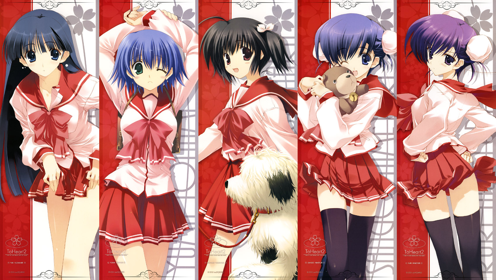 mitsumi misato, nakamura takeshi, genjimaru, himeyuri ruri, himeyuri sango, kusakabe yuuki (to heart 2), tonami yuma, yuzuhara konomi, to heart (series), to heart 2, highres, long image, official art, official wallpaper, 00s, 5girls, :d, ;(, ;d, ahoge, arms up, backpack, bag, bell, black hair, black thighhighs, blue eyes, blunt bangs, blush, bow, breasts, buckle, bun cover, character name, cherry blossoms, closed mouth, clothes lift, collar, column lineup, company name, copyright name, cowboy shot, dated, dog, double bun, floral background, flower, from behind, from side, frown, green eyes, hair between eyes, hair bun, hair over eyes, hair ribbon, hands on own hips, happy, holding, holding own arm, hugging object, jingle bell, leaning forward, leash, legs together, lifting own clothes, long hair, long sleeves, looking at viewer, looking back, medium breasts, miniskirt, multiple girls, neck bell, one eye closed, open mouth, parted lips, pink bow, pink eyes, pleated skirt, pocket, purple eyes, purple hair, red skirt, ribbon, school uniform, serafuku, shadow, shirt, short hair, short twintails, siblings, sisters, skirt, skirt lift, small breasts, smile, standing, stick poster, stuffed animal, stuffed toy, teddy bear, thigh gap, thighhighs, twins, twintails, twisted torso, very long hair, white ribbon, white shirt, wind, wind lift, zettai ryouiki
