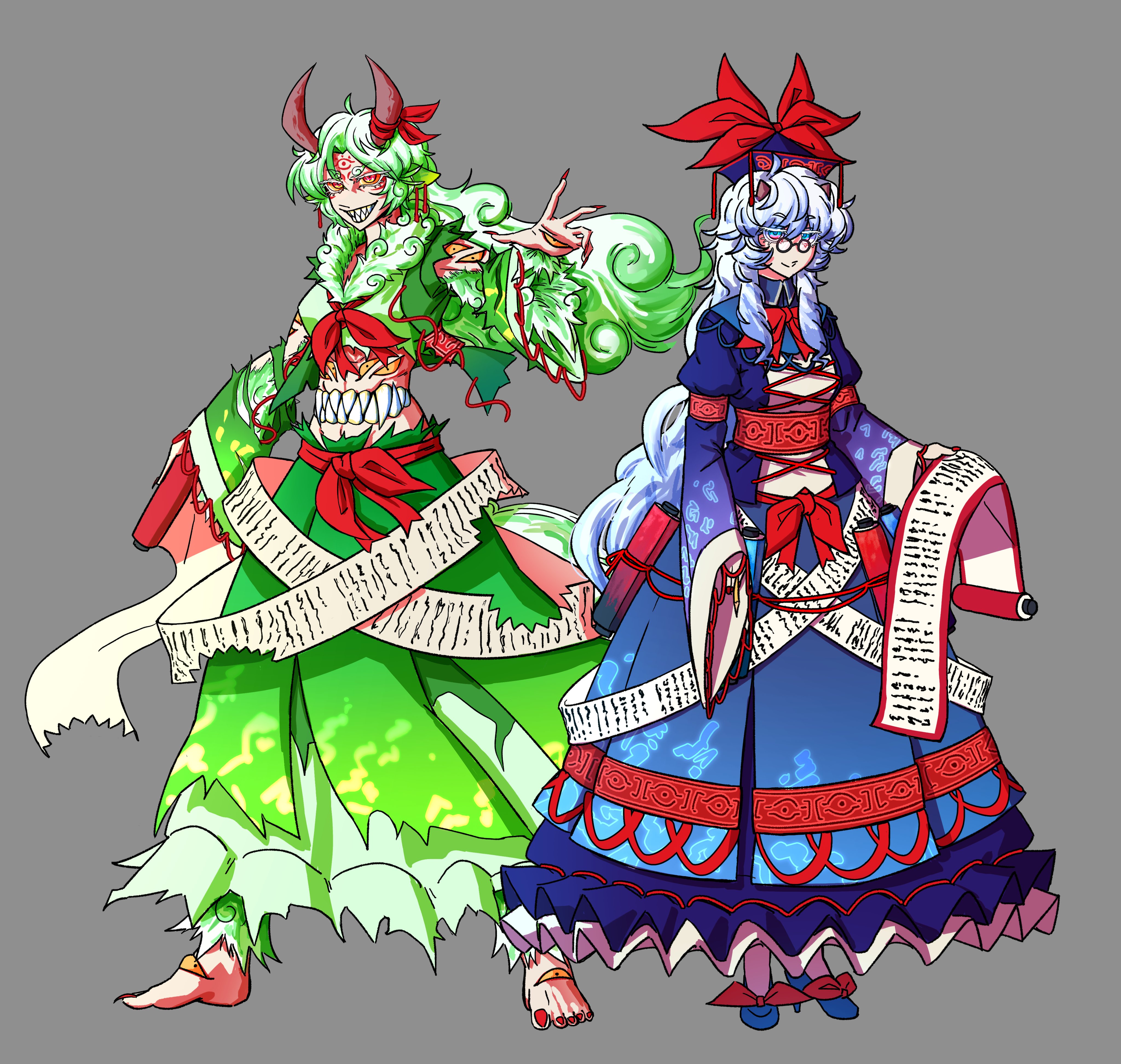 skippeaccented, ex-keine, kamishirasawa keine, touhou, absurdres, commentary, english commentary, highres, 2girls, alternate costume, blue dress, blue hair, blue hat, blue skirt, cross-laced clothes, dress, dual persona, fingernails, glasses, green dress, green hair, green skirt, grey background, hat, holding, holding scroll, horns, long fingernails, long hair, multiple girls, neckerchief, pince-nez, red nails, red neckerchief, round eyewear, scroll, sharp teeth, simple background, skirt, standing, tattoo, teeth
