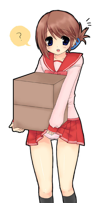 usashiro mani, komaki manaka, to heart (series), to heart 2, 00s, 1girl, ?, black socks, blue eyes, blush, box, brown hair, cardboard box, clothes lift, female focus, folded ponytail, hair ornament, hairclip, kneehighs, miniskirt, panties, pink panties, pleated skirt, school uniform, serafuku, skirt, skirt lift, socks, solo, standing, striped clothes, striped panties, underwear
