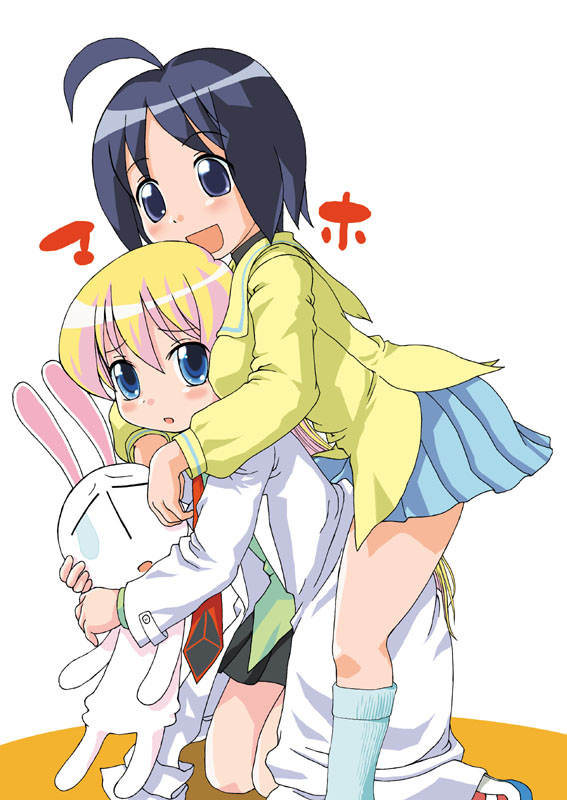 velfro, katagiri himeko, maho, mesousa, rebecca miyamoto, pani poni dash!, 00s, 2girls, ahoge, black hair, blonde hair, blouse, blue eyes, hug, hug from behind, lab coat, leaning forward, legs, multiple girls, necktie, rabbit, school uniform, serafuku, shirt, short hair, skirt, smile, socks, toy, yellow shirt