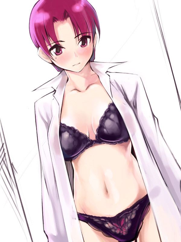 yurikawa, bazett fraga mcremitz, fate/hollow ataraxia, fate/stay night, fate (series), 00s, 1girl, black panties, blush, bra, coat, dress shirt, dutch angle, female focus, lace, lace-trimmed panties, lace trim, lingerie, navel, open clothes, open shirt, overcoat, panties, purple eyes, purple hair, shirt, short hair, solo, standing, underwear