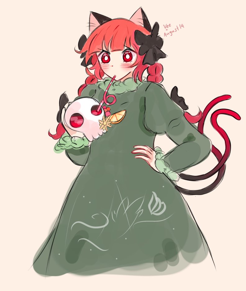 etherealkomeiji, kaenbyou rin, touhou, commentary, english commentary, 1girl, animal ears, black bow, blunt bangs, blush, bow, braid, bright pupils, cat ears, cat girl, cat tail, dated, dress, drinking, drinking straw, green dress, hair bow, holding, holding skull, juliet sleeves, long hair, long sleeves, multiple tails, nekomata, puffy sleeves, red eyes, side braids, signature, simple background, skull, solo, tail, twin braids, two tails, white pupils
