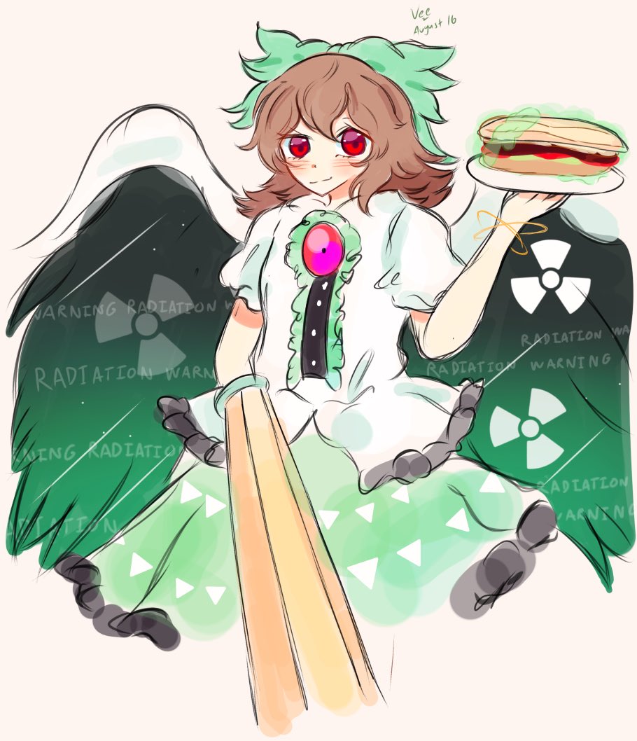 etherealkomeiji, reiuji utsuho, touhou, commentary, english commentary, 1girl, alternate hair length, alternate hairstyle, arm cannon, bow, brown hair, cape, closed mouth, food, green bow, green skirt, hair bow, holding, holding food, looking at viewer, radiation symbol, red eyes, shirt, short hair, simple background, skirt, solo, third eye, weapon, white cape, white shirt