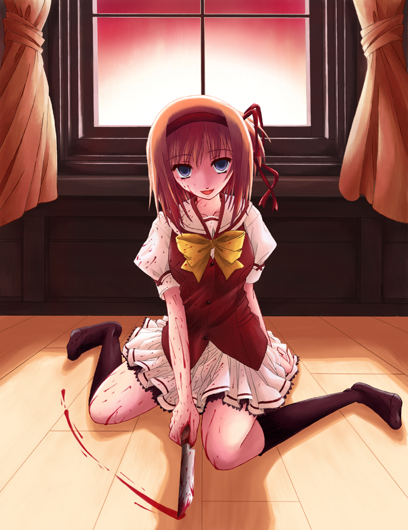 ryo (botugo), fuyou kaede, shuffle!, 00s, 1girl, blood, blood on clothes, blood on face, bloody knife, bloody weapon, brown hair, crazy, crazy eyes, curtains, female focus, grey eyes, hair ribbon, hairband, kneehighs, knife, no shoes, ribbon, school uniform, sitting, socks, solo, wariza, weapon, window, wooden floor, yandere