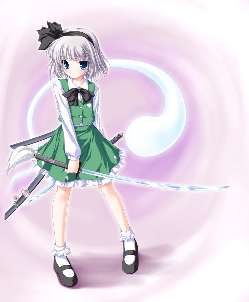 tenmaso, konpaku youmu, konpaku youmu (ghost), touhou, silver hair, 1girl, blue eyes, bobby socks, dual wielding, female focus, full body, hairband, hitodama, holding, katana, mary janes, pigeon-toed, scabbard, sheath, shoes, short hair, simple background, socks, solo, sword, weapon, white socks