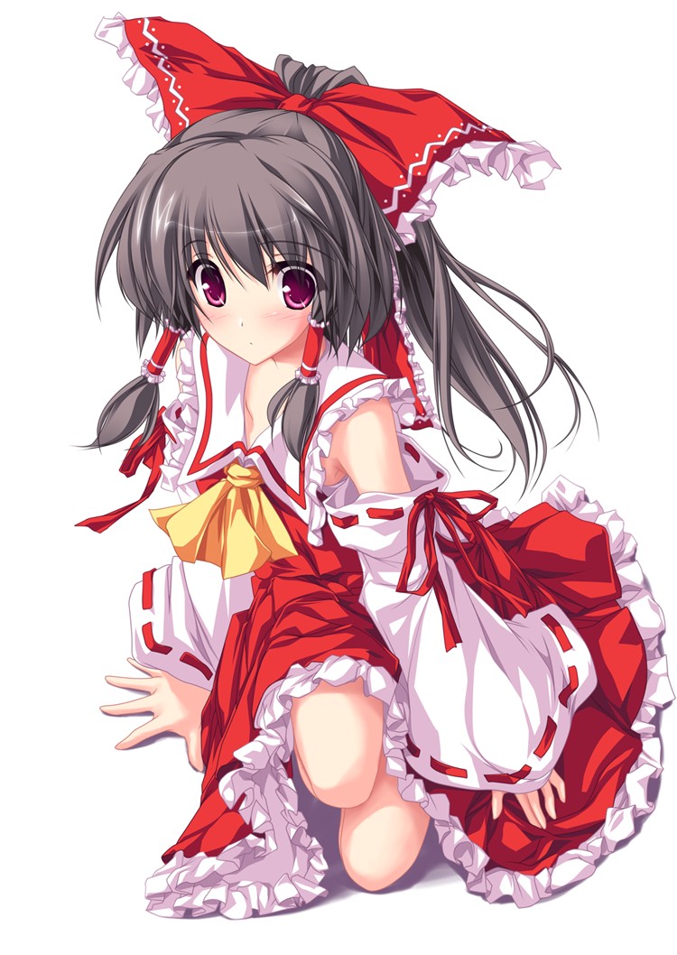 tenmaso, hakurei reimu, touhou, 1girl, alternate eye color, ascot, black hair, blush, bow, detached sleeves, female focus, frilled skirt, frills, hair bow, hair tubes, half updo, kneeling, long hair, long skirt, ponytail, purple eyes, ribbon, simple background, skirt, skirt set, sleeves past wrists, solo, white background, wide sleeves