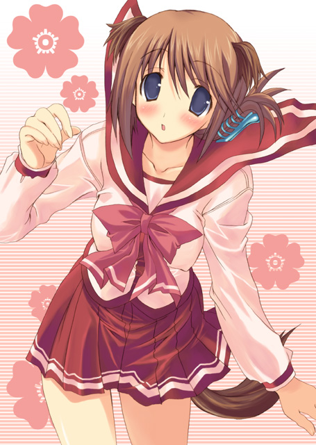 kyogoku shin, komaki manaka, to heart (series), to heart 2, 00s, 1girl, animal ears, dog ears, dog tail, female focus, folded ponytail, hair ornament, hairclip, school uniform, solo, tail