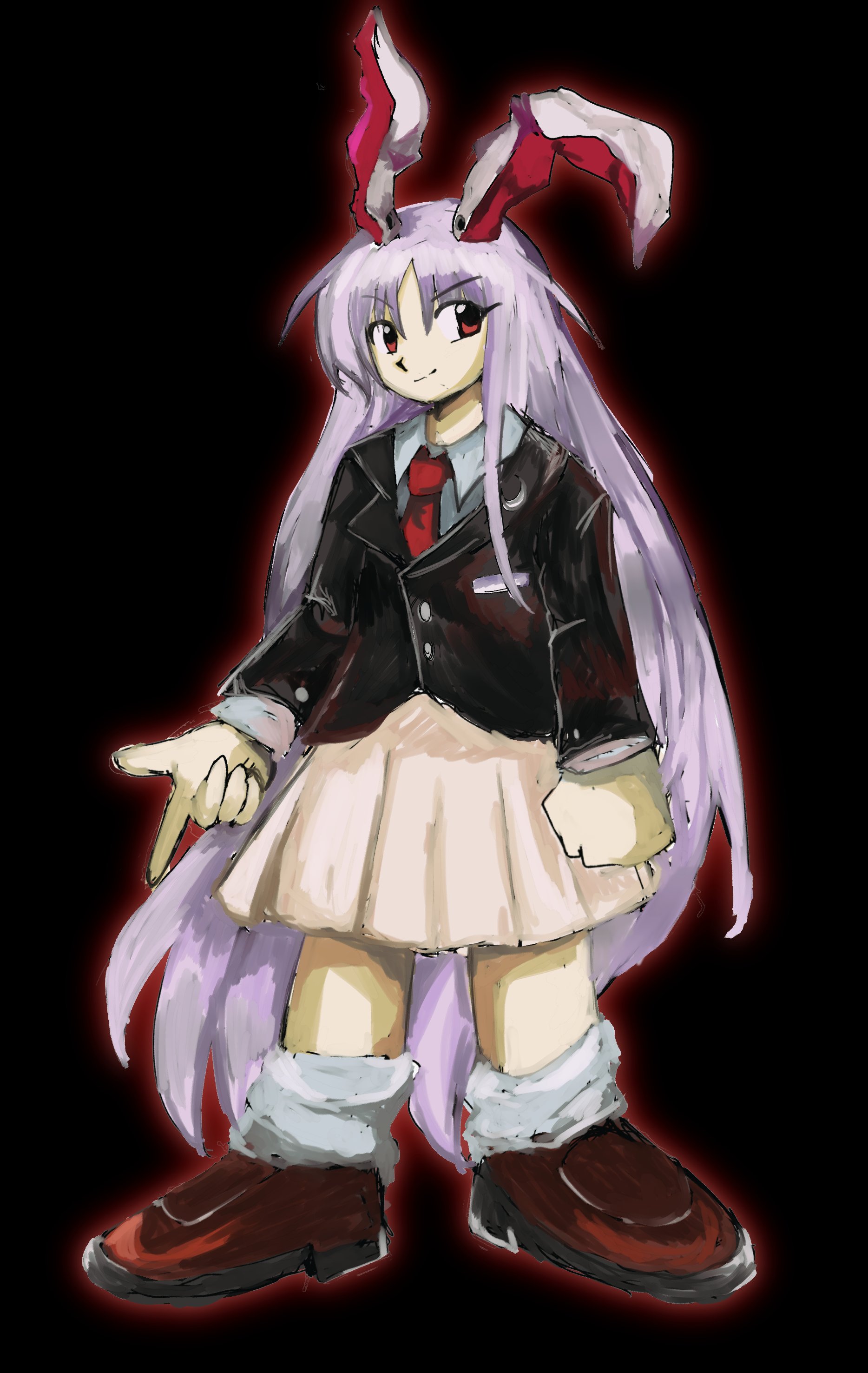 yuuki (yuk), reisen udongein inaba, imperishable night, touhou, absurdres, highres, 1girl, animal ears, black background, blazer, brown shoes, closed mouth, full body, index finger raised, jacket, long hair, long sleeves, looking at viewer, pink skirt, purple hair, rabbit ears, rabbit girl, red eyes, shoes, simple background, skirt, smile, socks, solo, standing, very long hair, white socks, zun (style)