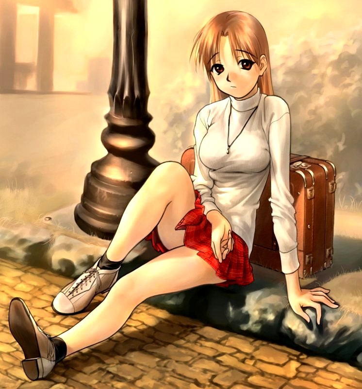 koyama hirokazu, hoshina tomoko, to heart, to heart (series), 1girl, arm support, brown eyes, brown hair, bush, female focus, jewelry, lamppost, legs, long sleeves, miniskirt, no eyewear, pendant, sitting, skirt, solo, suitcase, turtleneck, upskirt